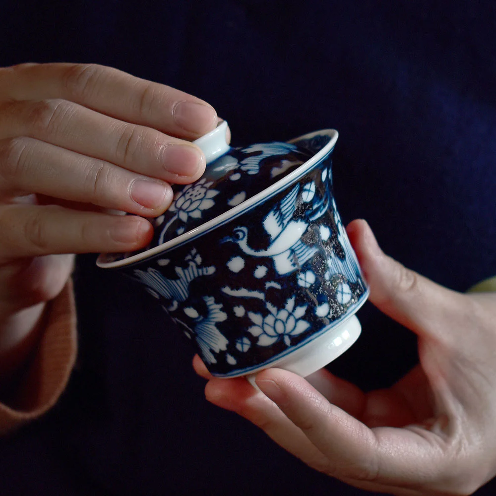 手繪元青花一鷺蓮科蓋碗