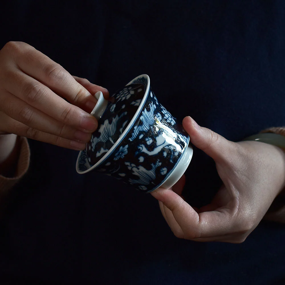 手繪元青花一鷺蓮科蓋碗