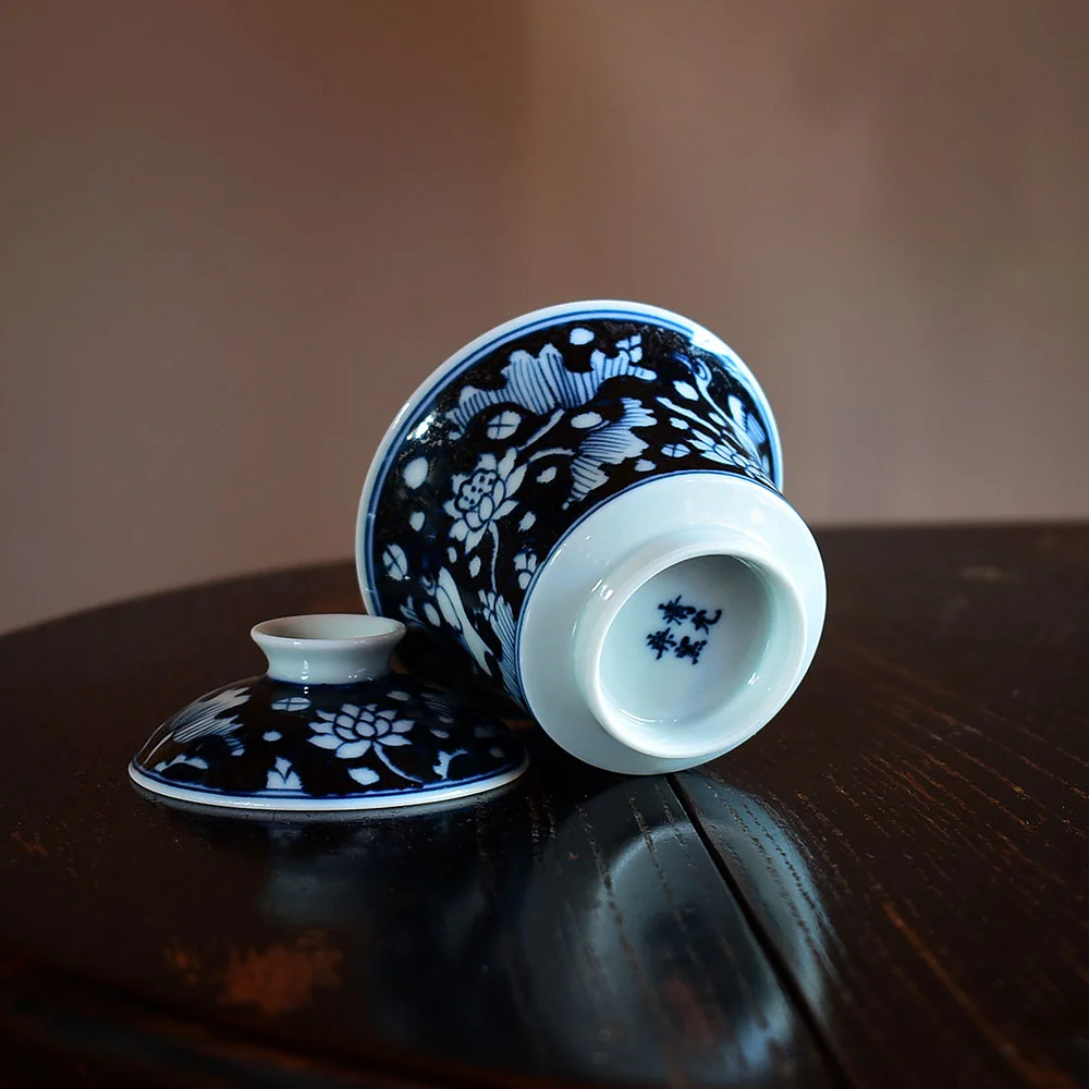 手繪元青花一鷺蓮科蓋碗