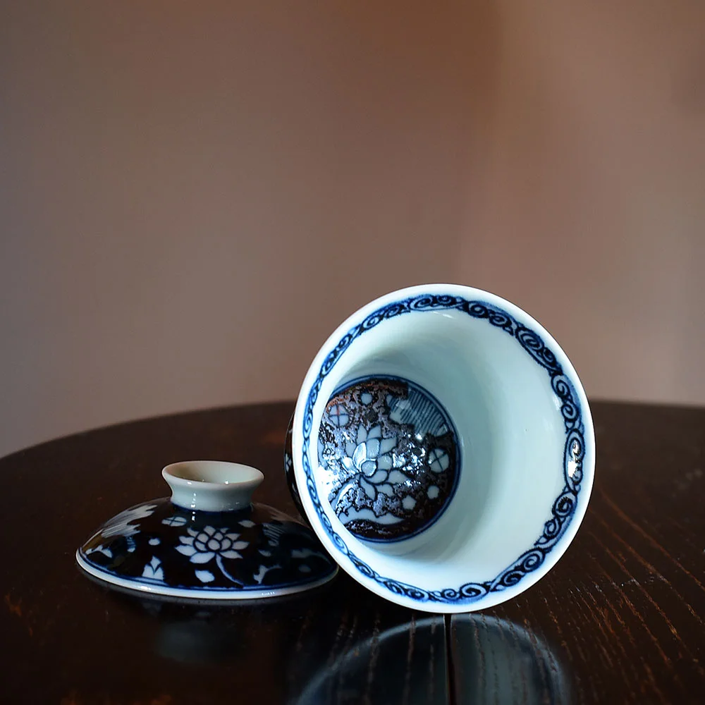 手繪元青花一鷺蓮科蓋碗