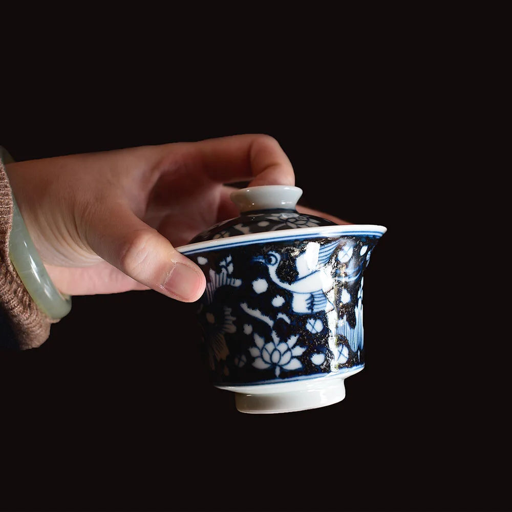 手繪元青花一鷺蓮科蓋碗