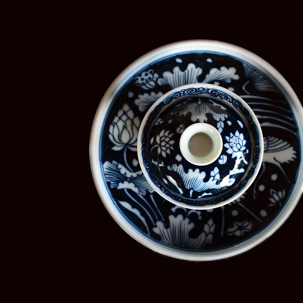 手繪元青花一鷺蓮科蓋碗