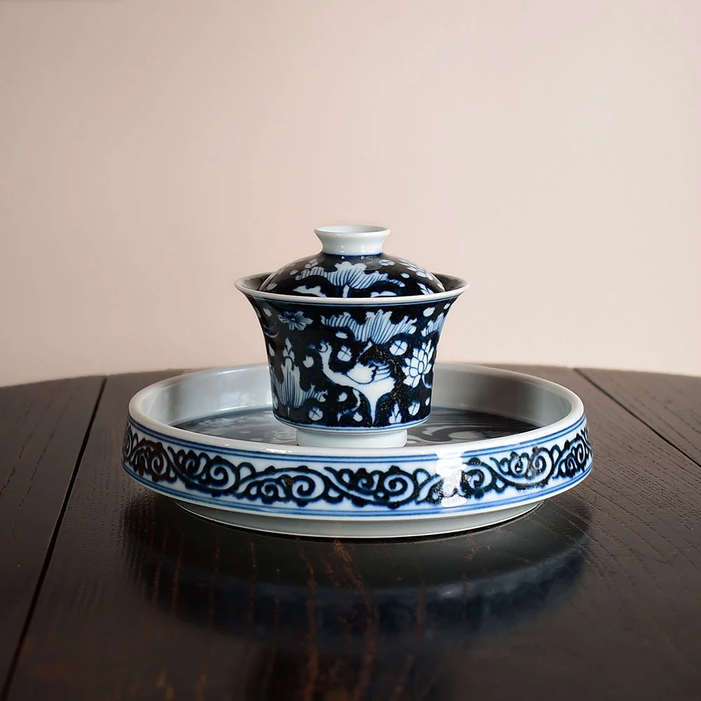 手繪元青花一鷺蓮科蓋碗