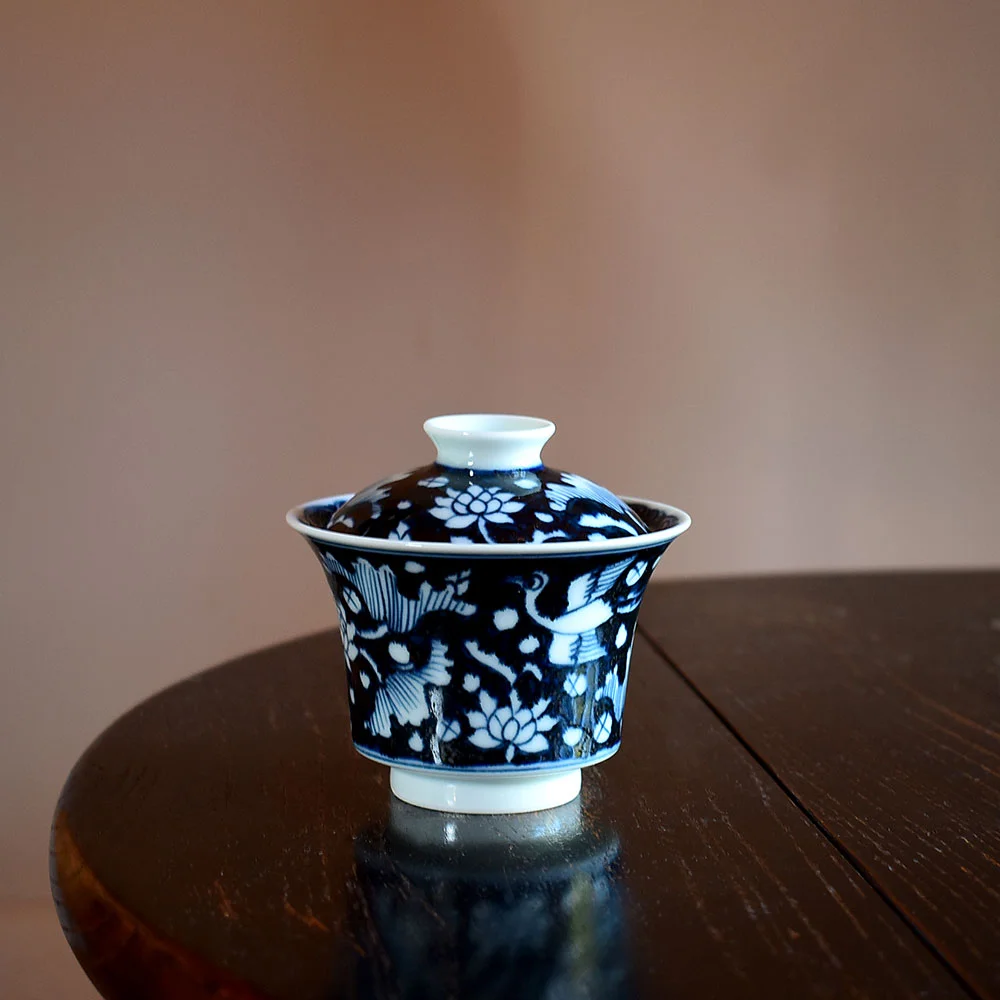 手繪元青花一鷺蓮科蓋碗