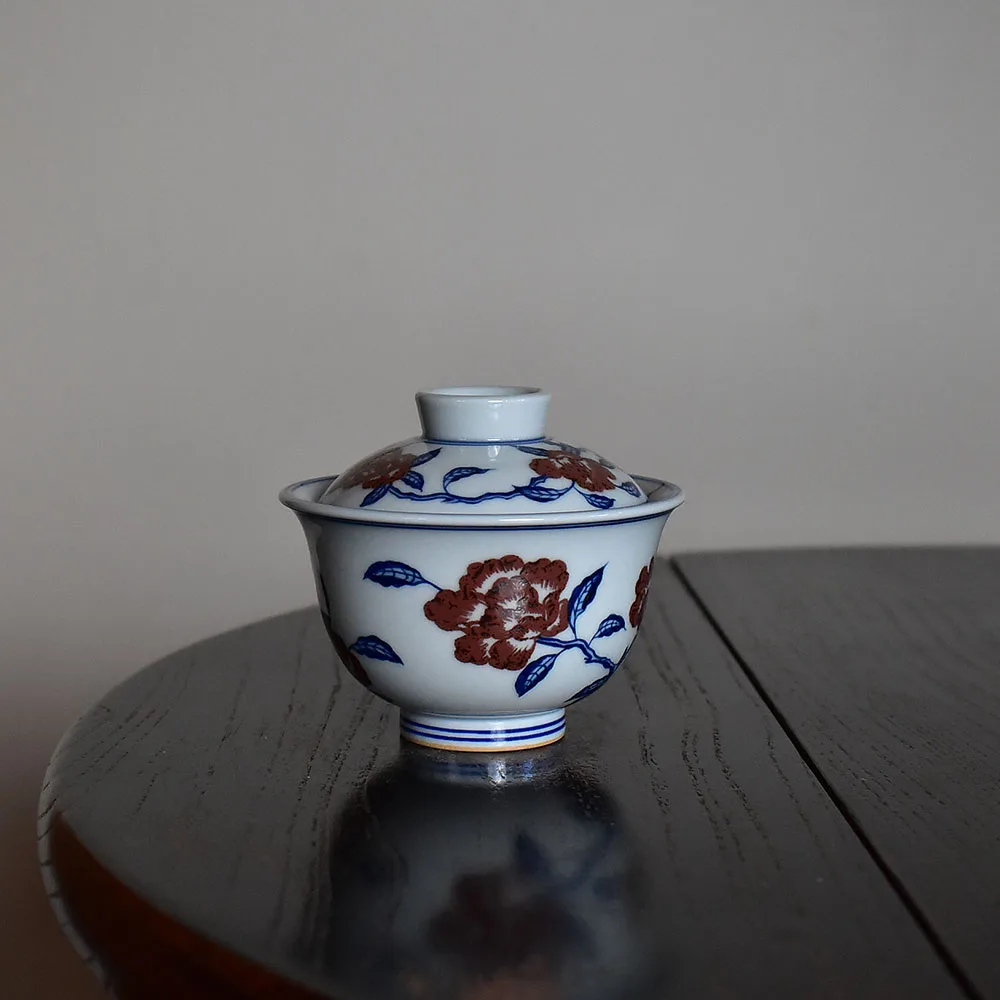 青花釉里红山茶花盖碗_Hey China