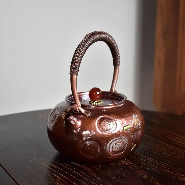 Flat-Round Patched Burnished Copper Kettle